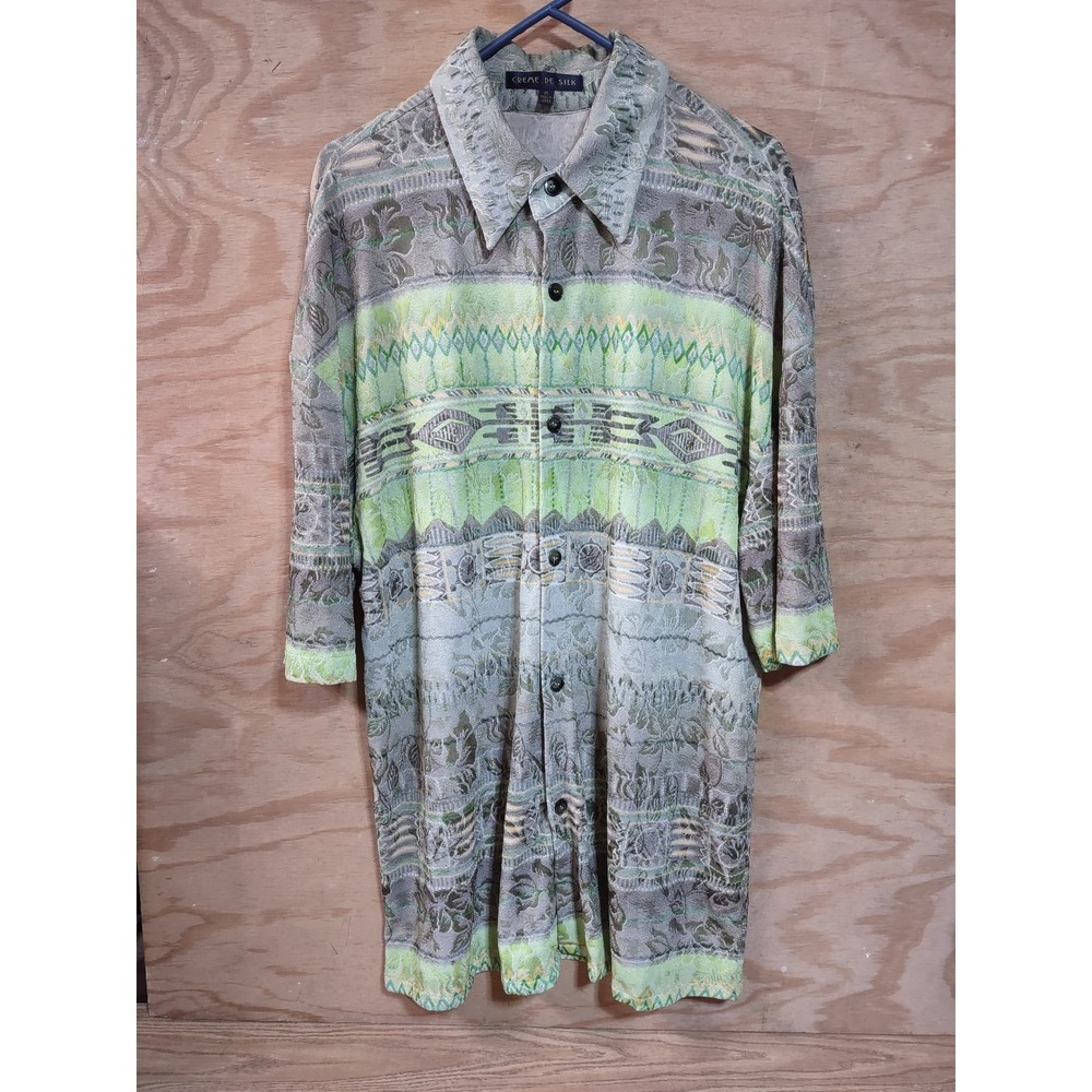 Creme De Silk Mens Medium Green Geometric Tribal Jacquard Button Up Shirt Korea